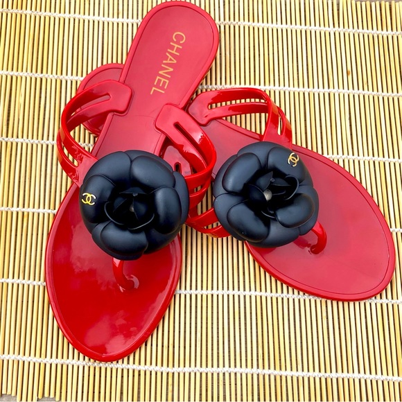Chanel, Red and Black Rose Camelia Sandals - Picture 3 of 10